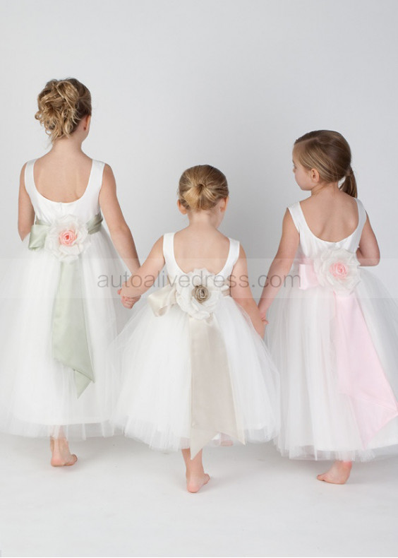 Ivory Satin Tulle Big Bow Flower Sash Flower Girl Dress